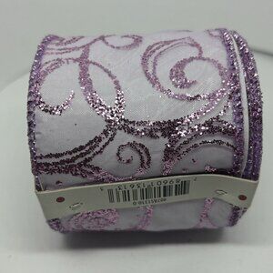 New 2.5" x 25' Sheer Wired Ribbon With Mauve Lavender Purple Glitter Pattern